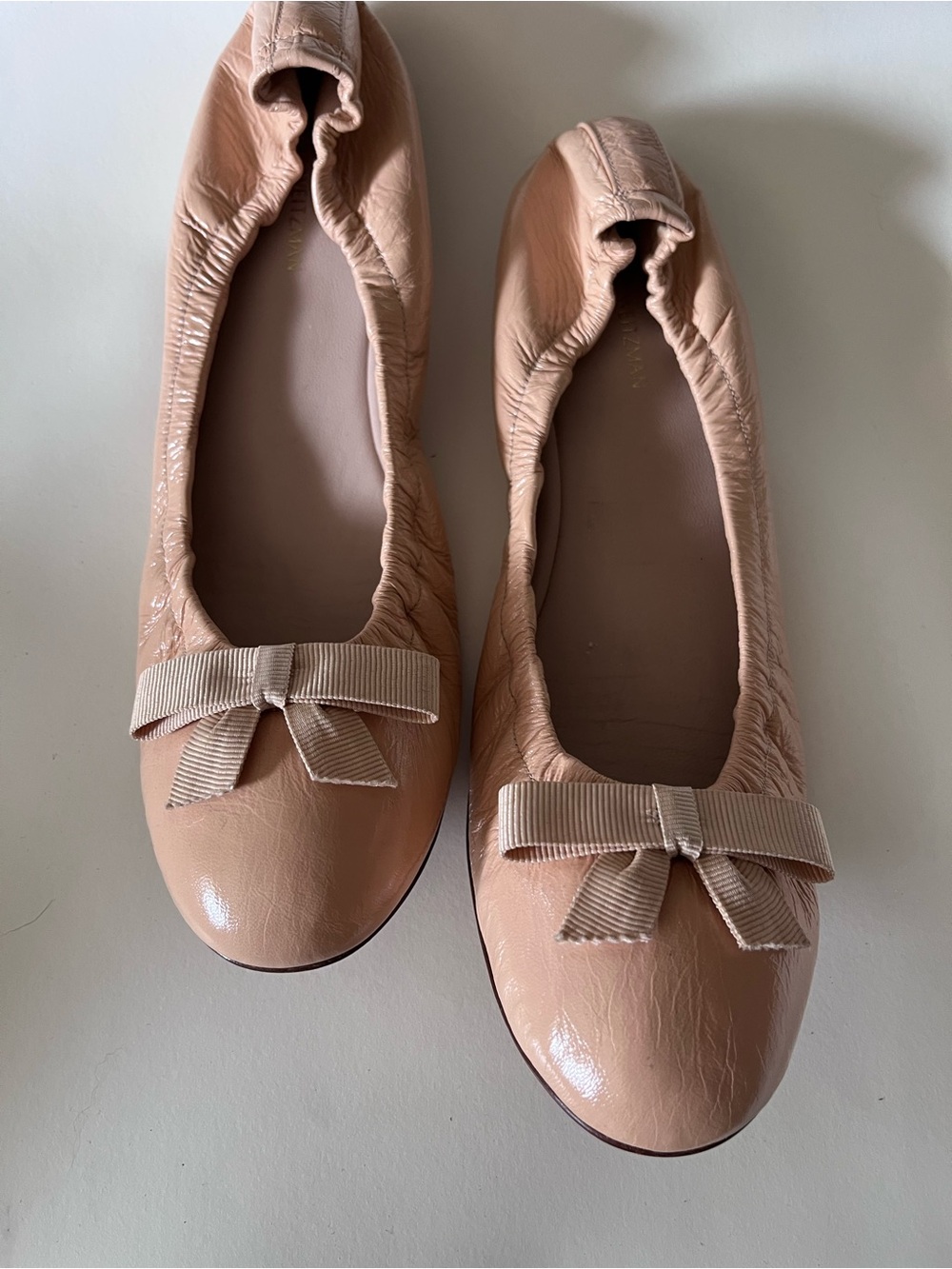 Stuart Weitzman Nude Pink Patent Leather Bow Ballet Flats
